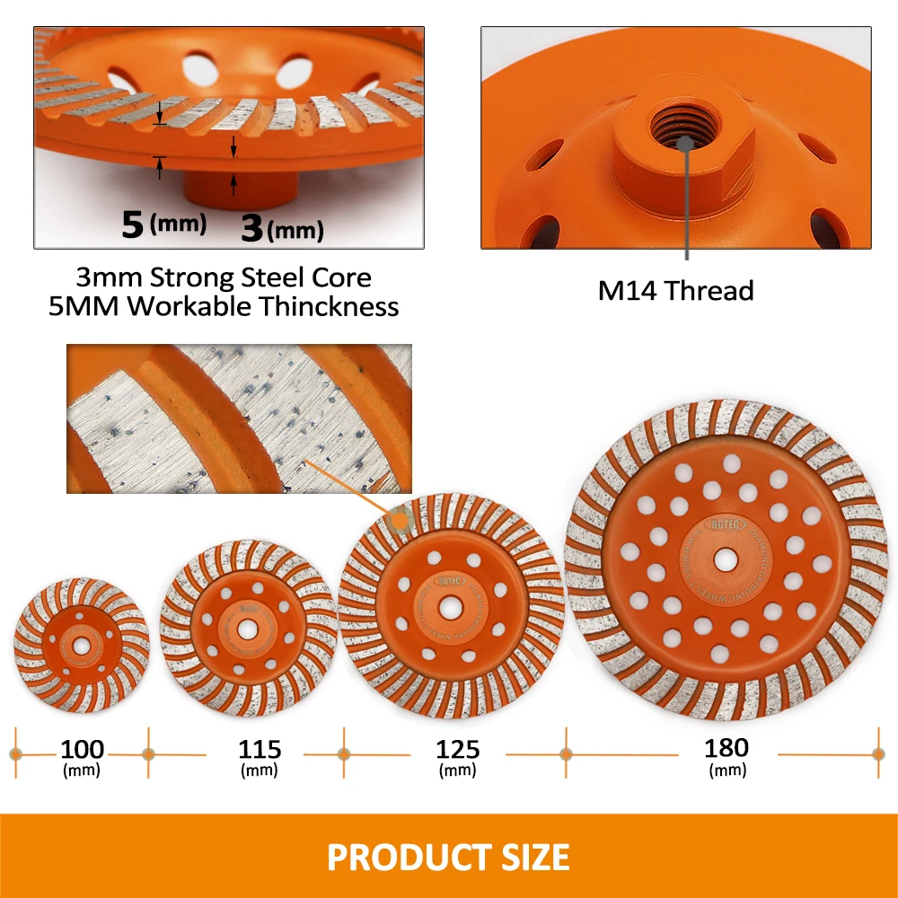 BGTEC-Diamante Turbo Row Moagem Cup Roda, M14 Rosca, Diâmetro 100, 115, 125, 180mm, Polimento, Mármore, Concreto, Granito, Moedor de discos, 1Pc