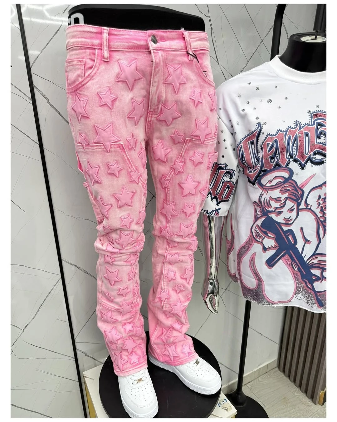 Men's Patch Five-pointed Star Washed Pink Fashionable Versatile Style Straight Leg Jeans Punnk Hip Hop Style Basic Denim Pants