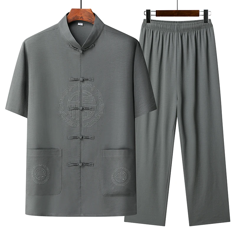 

Summer middle-aged and elderly men father chest Fu word short sleeve Tang suit grandpa old man Chinese style Hanfu tea suit