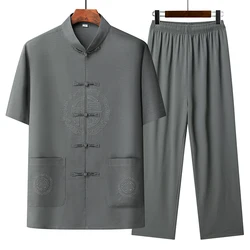 Zomer Van Middelbare Leeftijd En Oudere Mannen Vader Borst Fu Woord Korte Mouw Tang Pak Opa Oude Man Chinese Stijl Hanfu Theepak