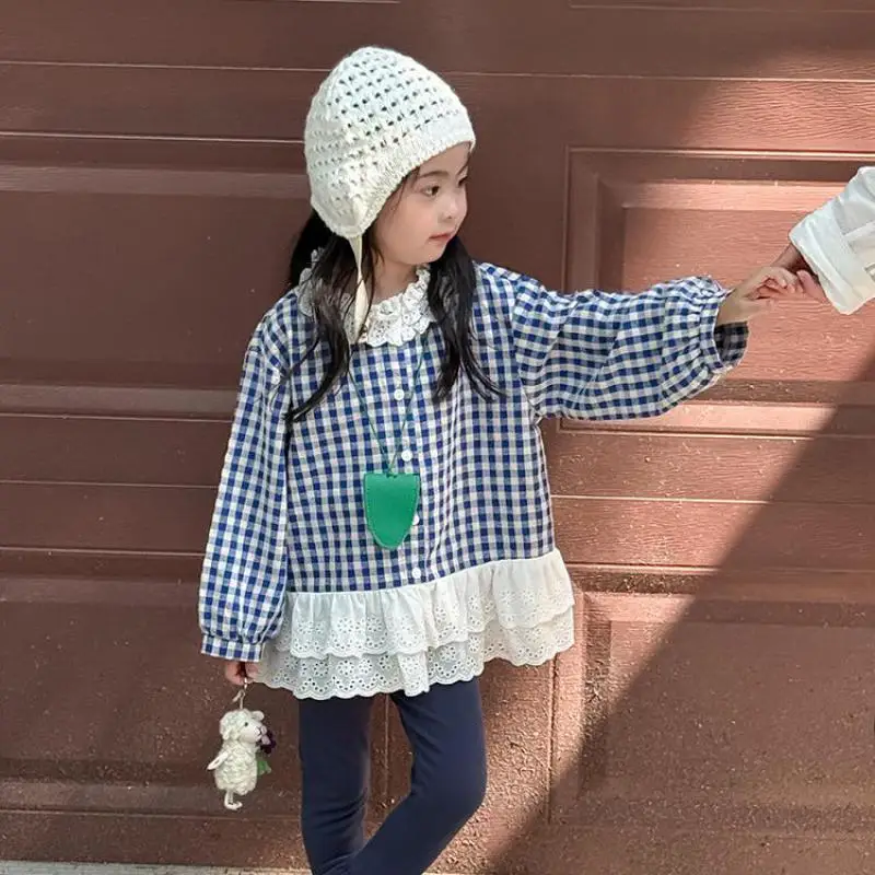 2025 Autumn New Girls Lace Collar Plaid Shirts Cotton Children Long Sleeve Shirts Baby Girl Cute Splicing Blouse Kids Clothes