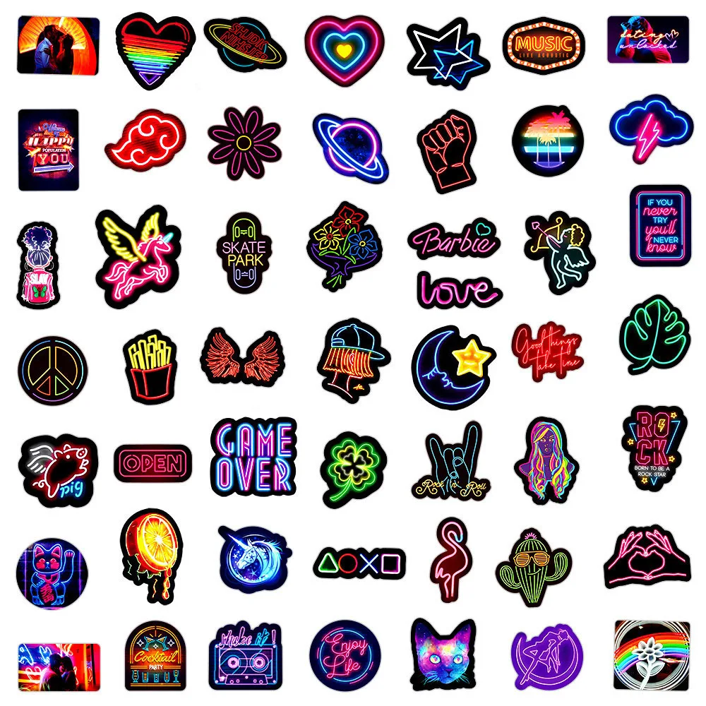 50/100pcs Neon Light Stickers for Skateboard Laptop Luggage Phone Case Car Motorcycle Bike Cool Waterproof Decals Sticker Kids