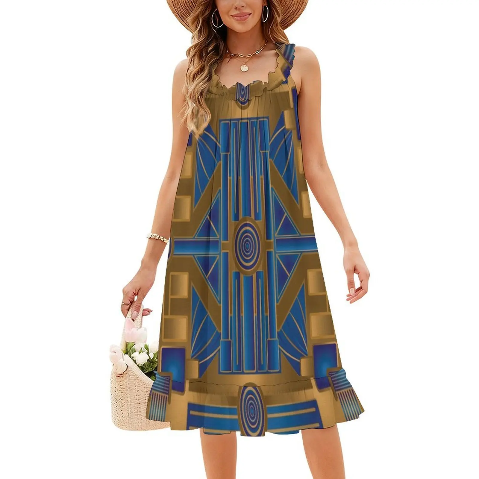 Abito da festa elegante da donna con pannello blu e bronzo Art Déco degli anni '20 Abito a trapezio con opzioni corte/lunghe/senza maniche Art Retro