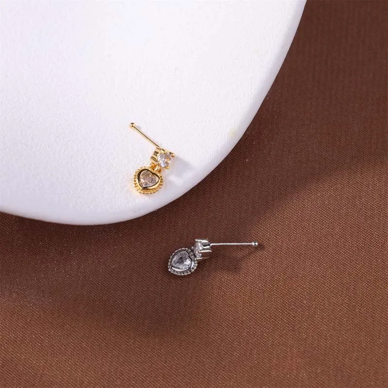 Thin Dangle Nose Studs Mini Zircon Heart Charm