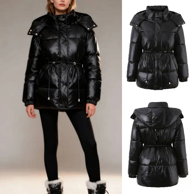 

2025 Fall/Winter New Fashionable Elegant Advanced European and American Mid-Long Hooded Zipper Drawstring Warm Cotton Jacket