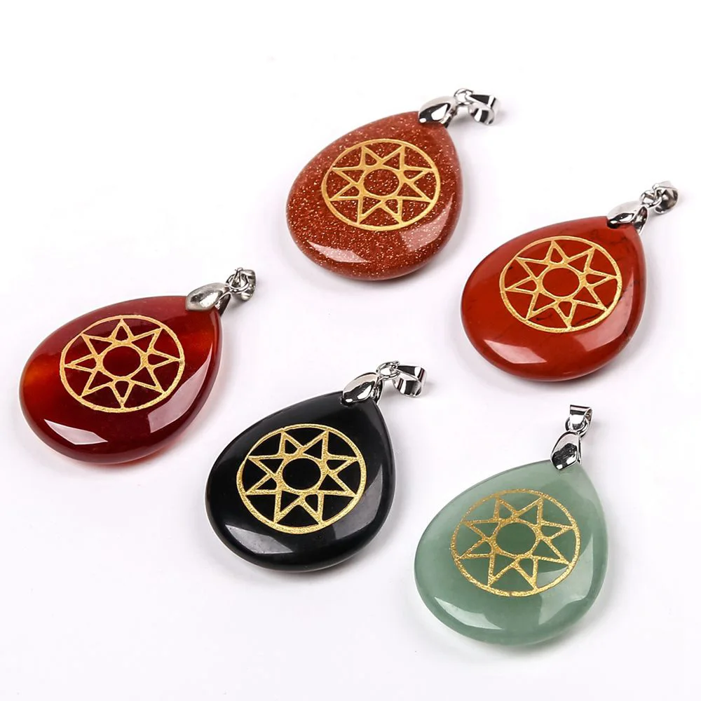 Natural Stone Handmade Engrave Ishtar Star Mesopotamian Reiki Symbol Pendant Men Women Charm Necklace Healing Crystal Jewelry