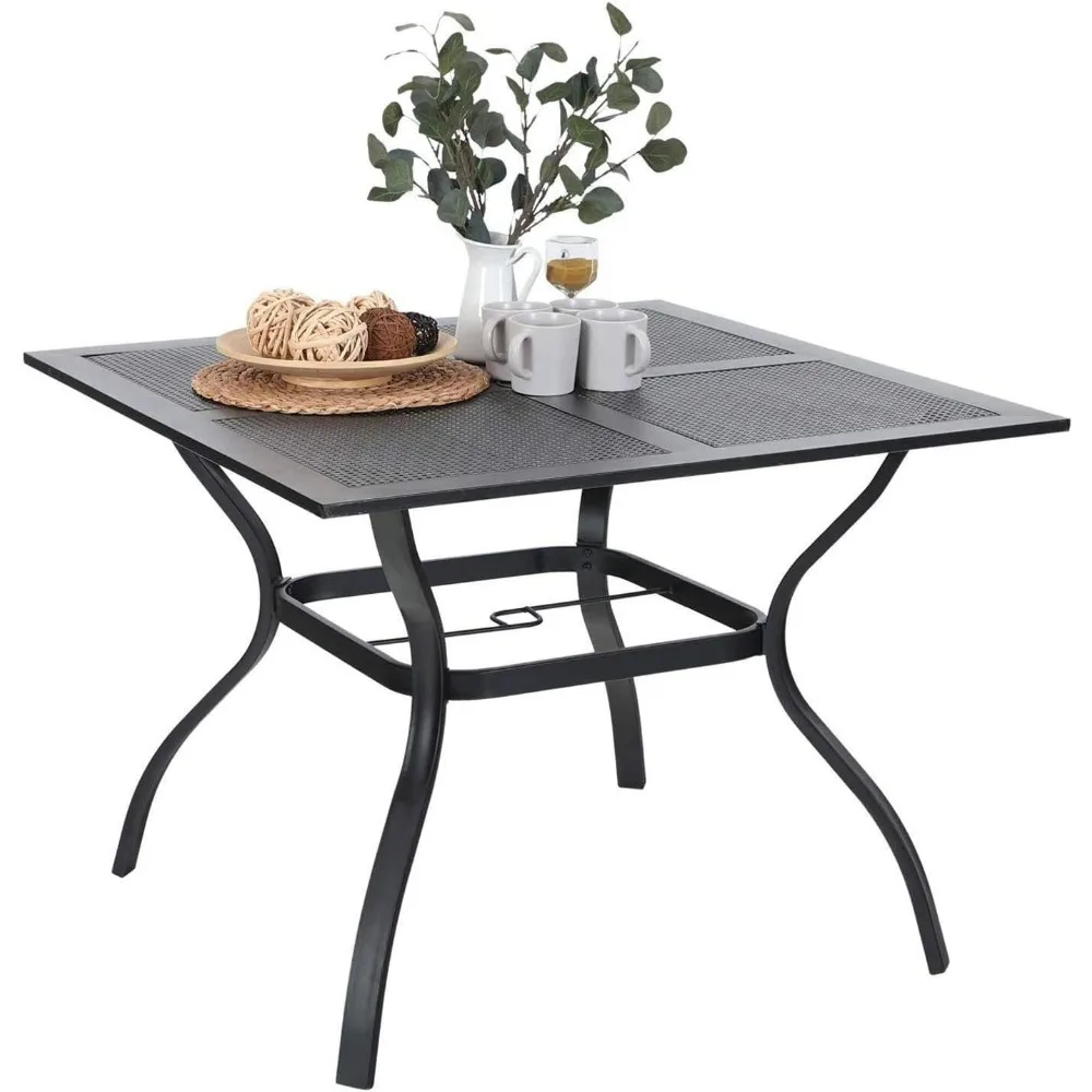 Metal outdoor dining table, square mesh terrace table with 1.57 inch umbrella hole, garden lawn coffee bar table