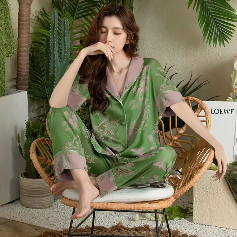 Silk Sleepwear Women Short Sleeve Top Pants Pajama Sets Luxury Brand Loungewear Print Eveningwear Nightwear Korean Fashion