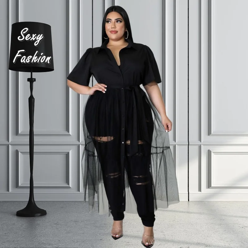 

XL-5XL Plus Size Dresses Women Clothing 2023 Spring Summer Short Sleeve Chiffon Mesh Patchwork Folds Shirt Dress Female Outfits