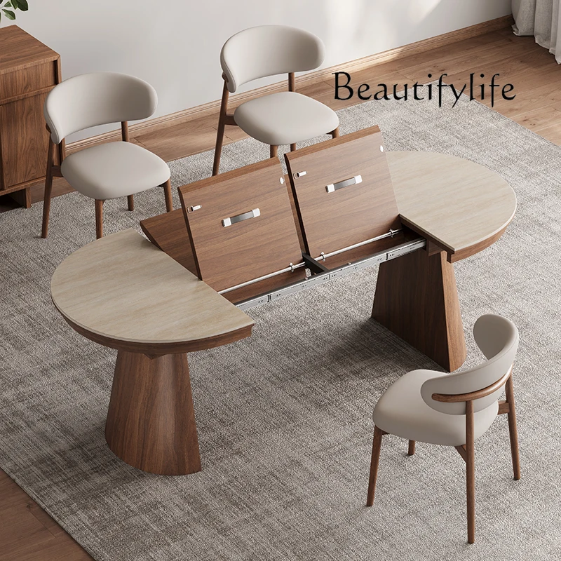 Travertine rock slab multi-functional dining table invisible foldable dining table light luxury small apartment retractable long