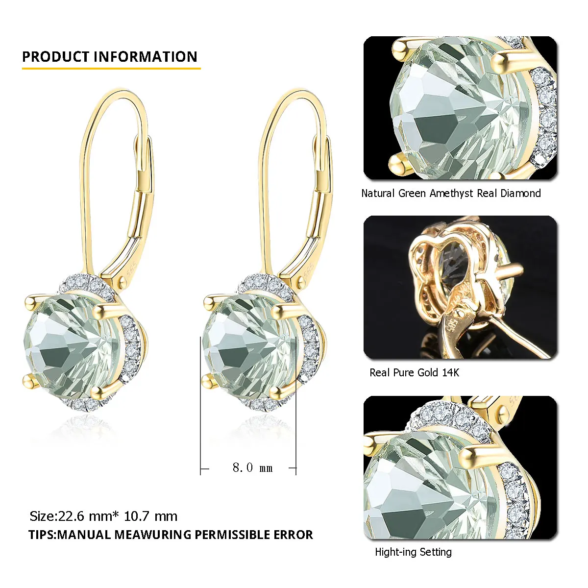 Lohaspie 14K Yellow Gold Natural Green Amethyst Diamond Earrings 4.08 Carats Genuine Gemstone Special Daisy Cutting Fine Jewelry