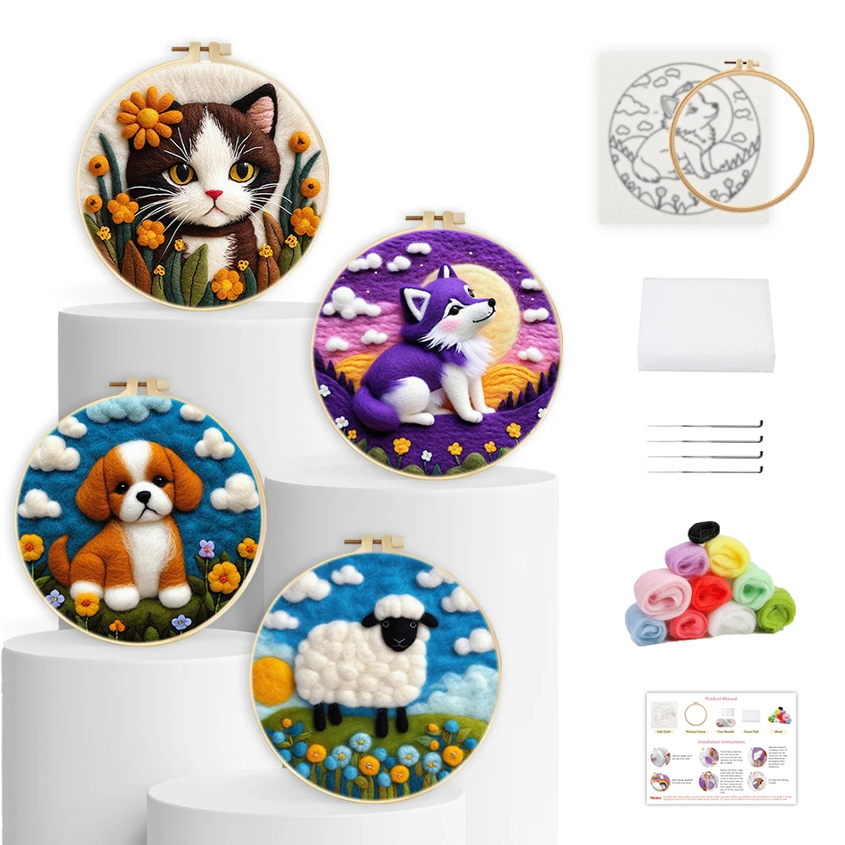 

RUOPOTY Wool For Felting Diy Craft Kit Animals Turtle Peacock Butterfly Chicken Stitch Set For Handicraft Embroidery Frame Gift