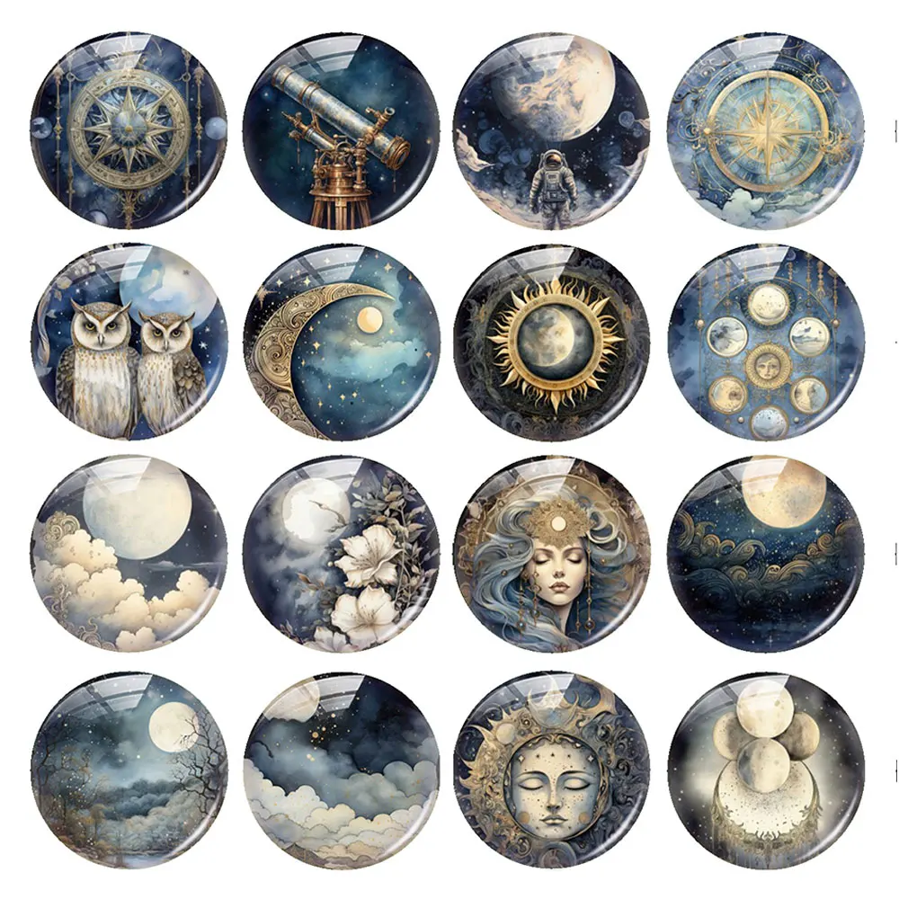 Random Mixed Round/Oval/Square Celestial Moon Vintage Astrology Photo Glass Cabochon Flatback Demo Cameo For Diy Jewelry Making