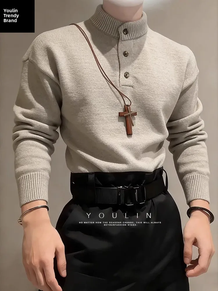 

Мужской утепленный вязаный свитер в американском ретро-стиле с воротником Хенри, зимняя базовая рубашка с широкими плечами, стиль Cleanfit