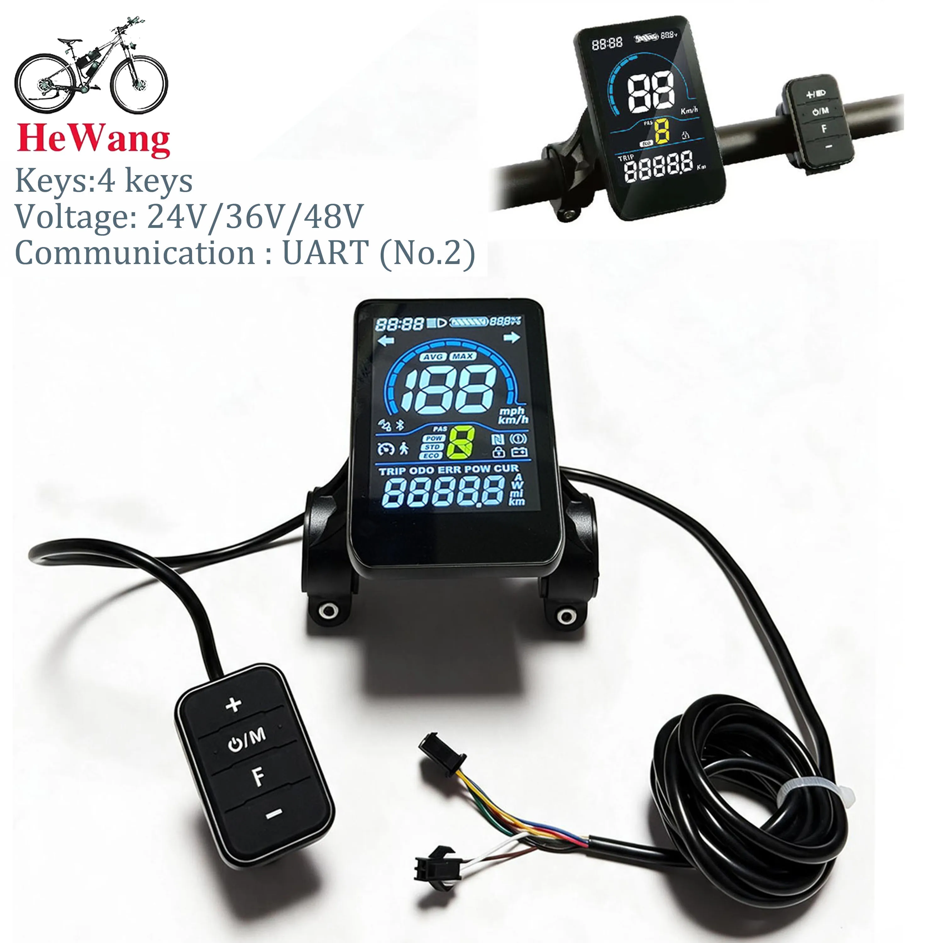 24V 36V 48V 52V 60V 72V E-Bike LCD Color Display Control Panel 5+2Pin for UART No.2 Communication Protocol E-Scooter E-Bicycle