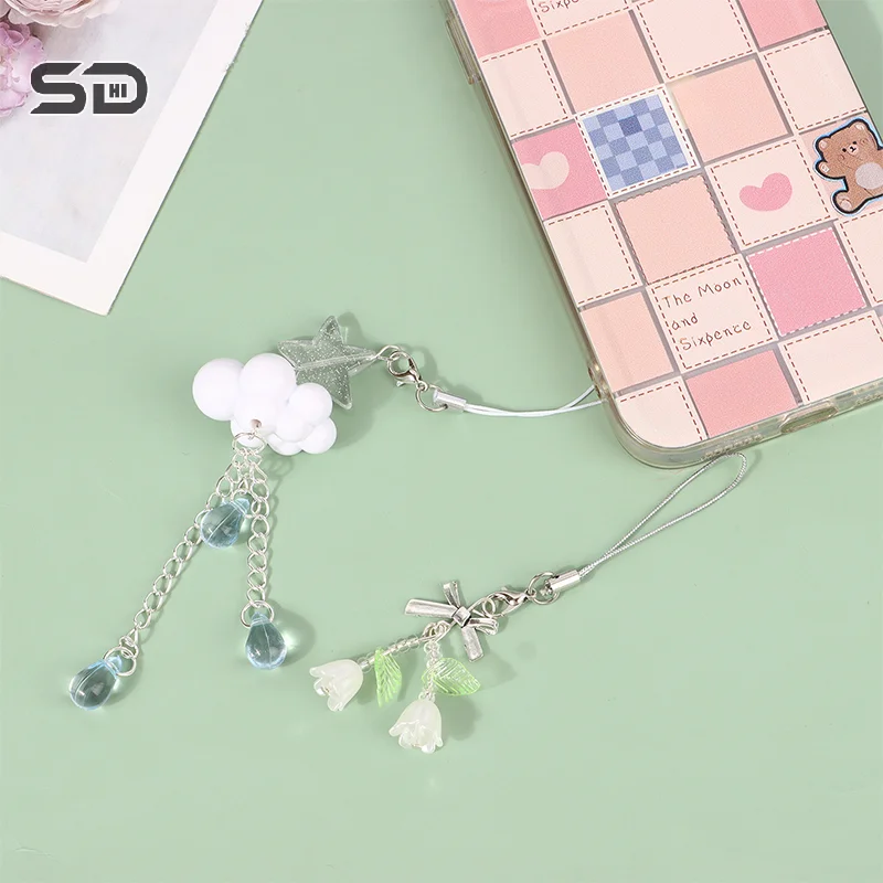 1Pcs Kawaii Y2K Cloud Bell Orchid Phone Pendant Cute Beaded Handmade Sweet Girl Keychain For Camera CCD Charms