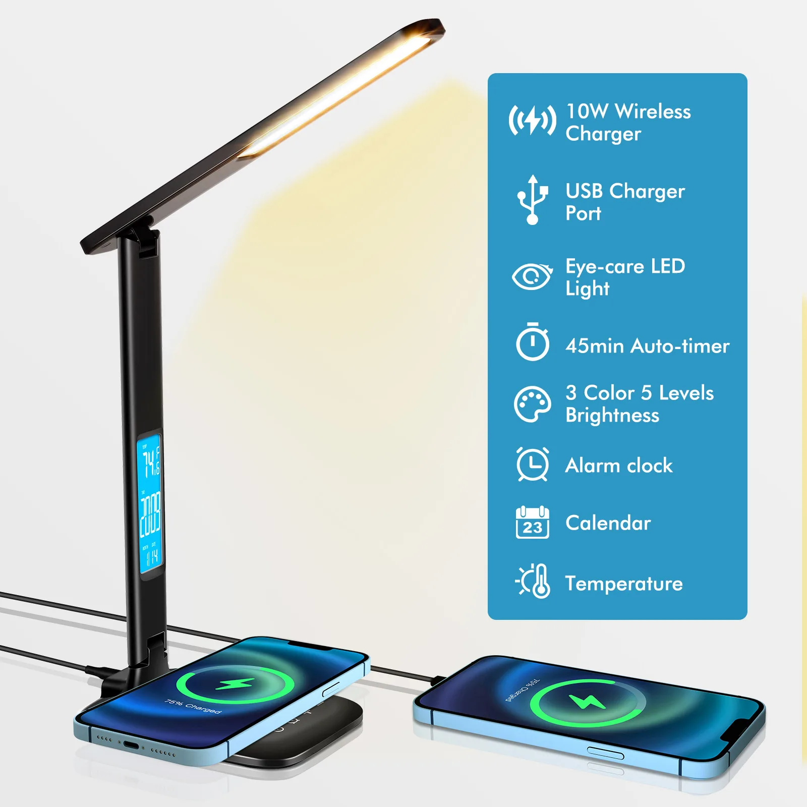 

LED Reading Desk Lamp 10W QI Wireless Charging With Clock Electronic Screen Dimmable Eye Protection Suitable For Office Study