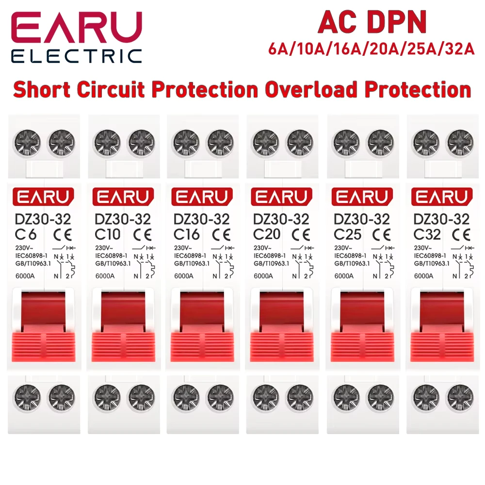 DZ30-32 DPN 1P+N Mini Circuit Breaker MCB 6A 10A 16A 20A 25A 32A Din Rail Mounting Cutout Miniature Household Air Switch OEM DIY