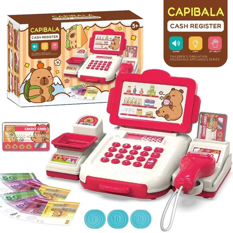 CAPIBALA Simulation Cash Register Kids Pretend Play Supermarket Toy With Sound Light Scanner Credit Card Coins  Toddlers