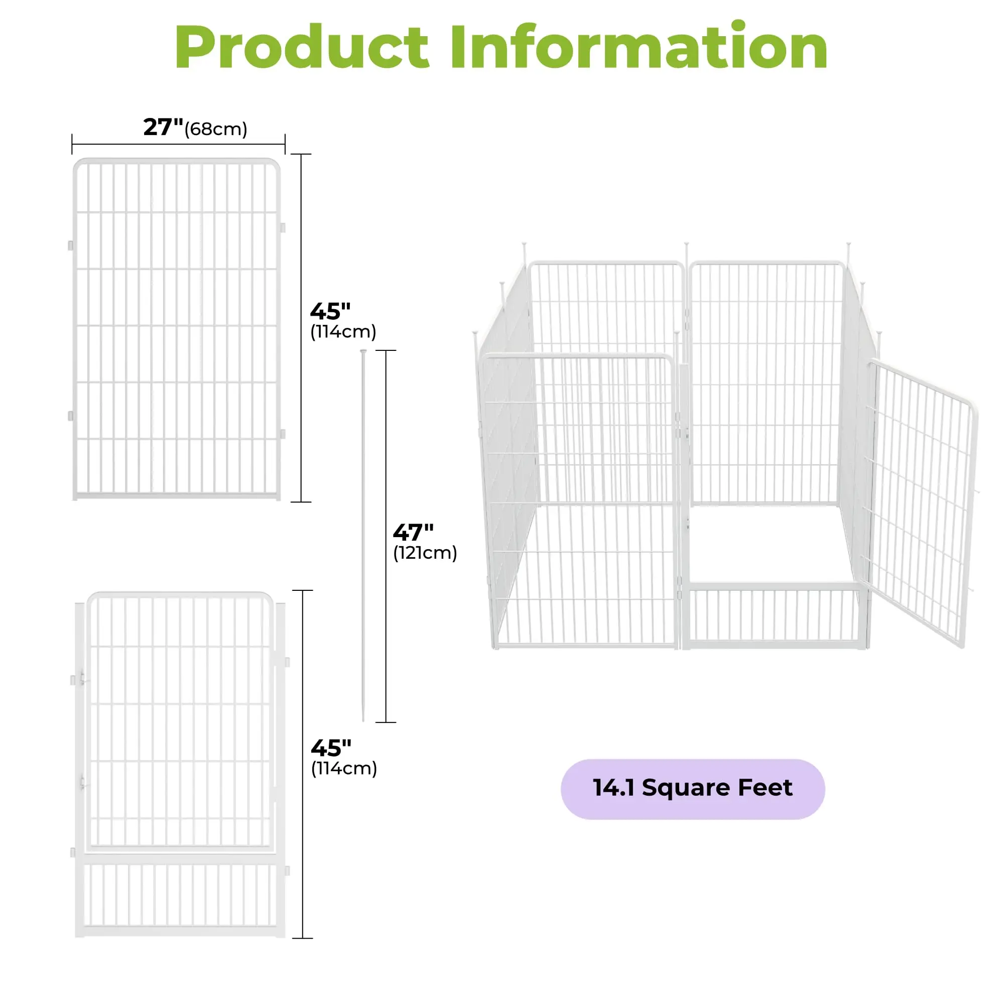Tall Garden Fence with Gate, 45 in(H) x 17.8 ft(L) 8 Panels Heavy Duty Metal Animal Barrier Fence for Yard, Suitable