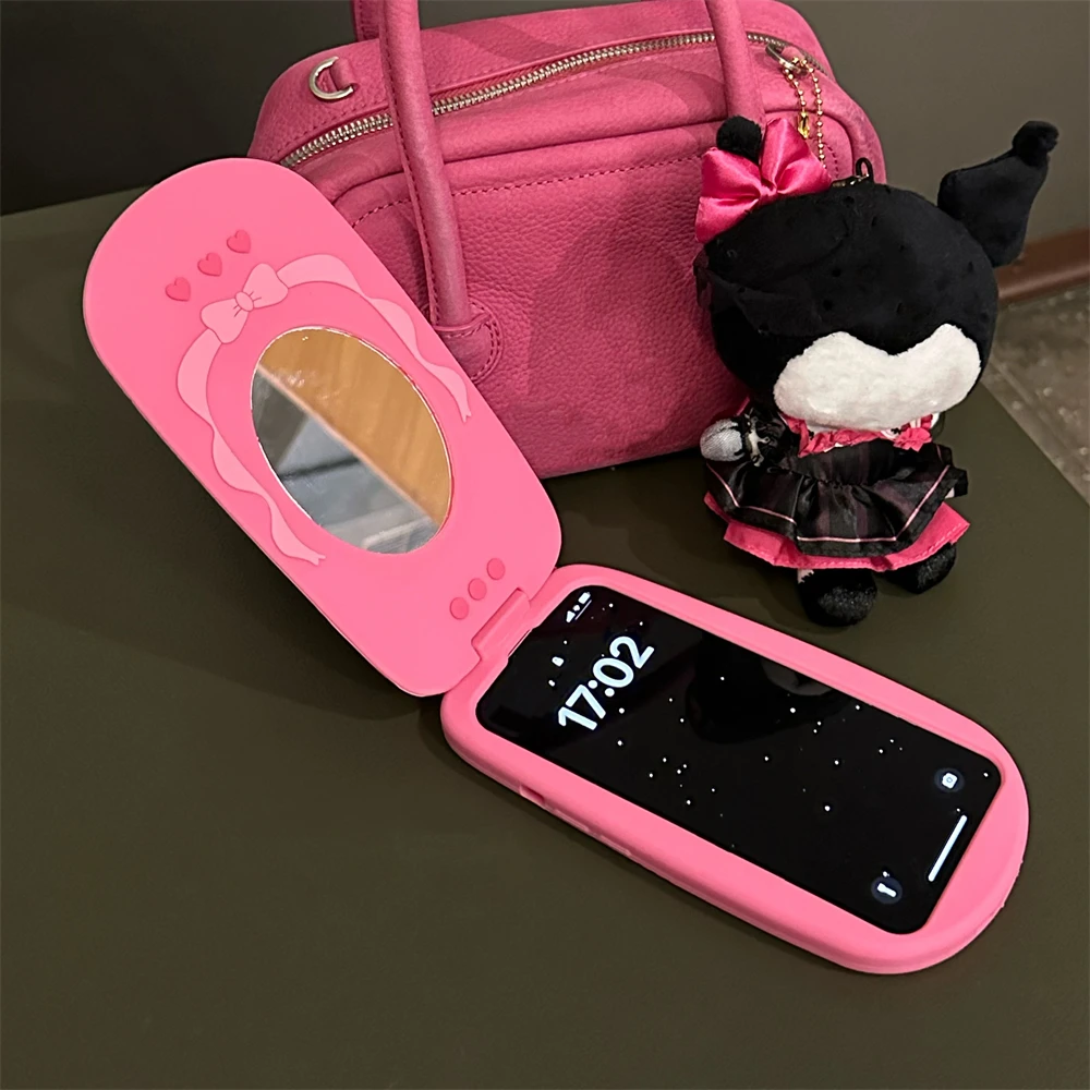 Ins Korean 3D Pink Cellphone Model Flip Mirror Silicone Mirror Case For iPhone 15 14 13 Pro Max 12 11 Y2k Shockproof Soft Cover