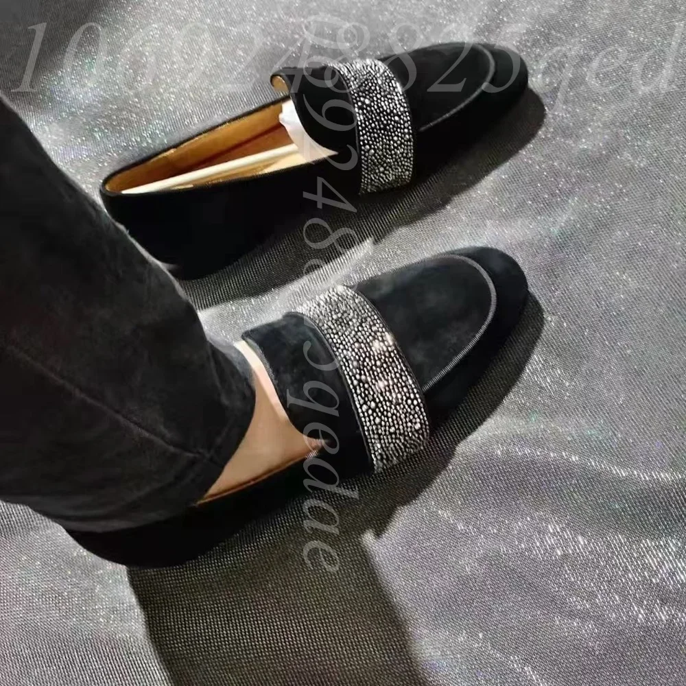 Women's Black Suede Texture Rhinestone Band Slip on Loafers Square Toe Low Heel Casual Dress Shoes with Sparkling Crystal Accent