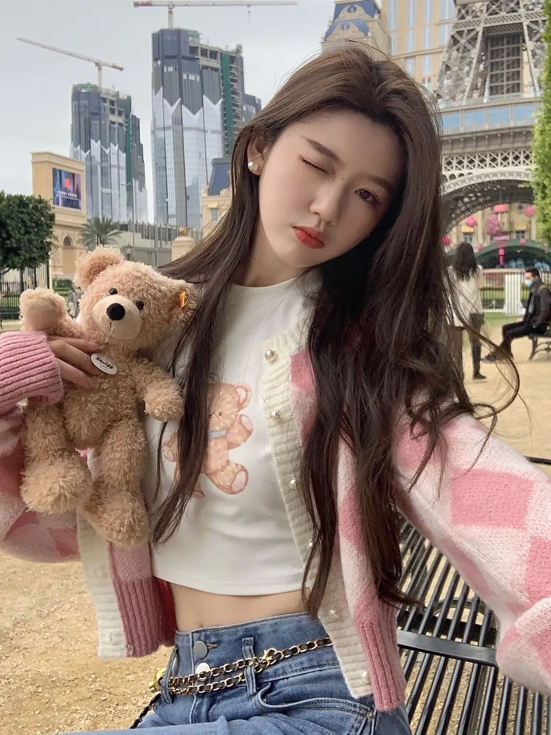 Korejpaa ピンク市松ニットカーディガン女性初秋レトロ薄型トップスショートジャケット優しい甘いセーターコート