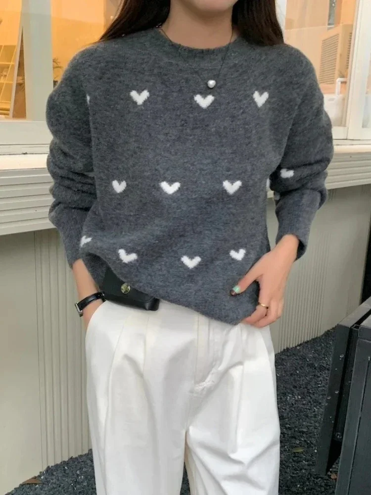 

Women's round Neck Knitted Sweater 2025 Autumn New Loose Bottoming Fashion Winter Thickening Grey Long Sleeves Pullover