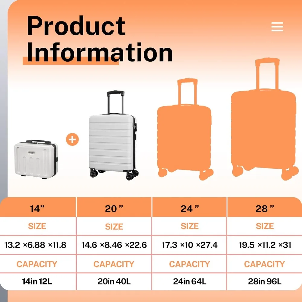 Juego de equipaje ligero de ABS para PC con puerto USB, 20 maletas de mano y 14 mini estuches de cosméticos, equipo de viaje con ruedas