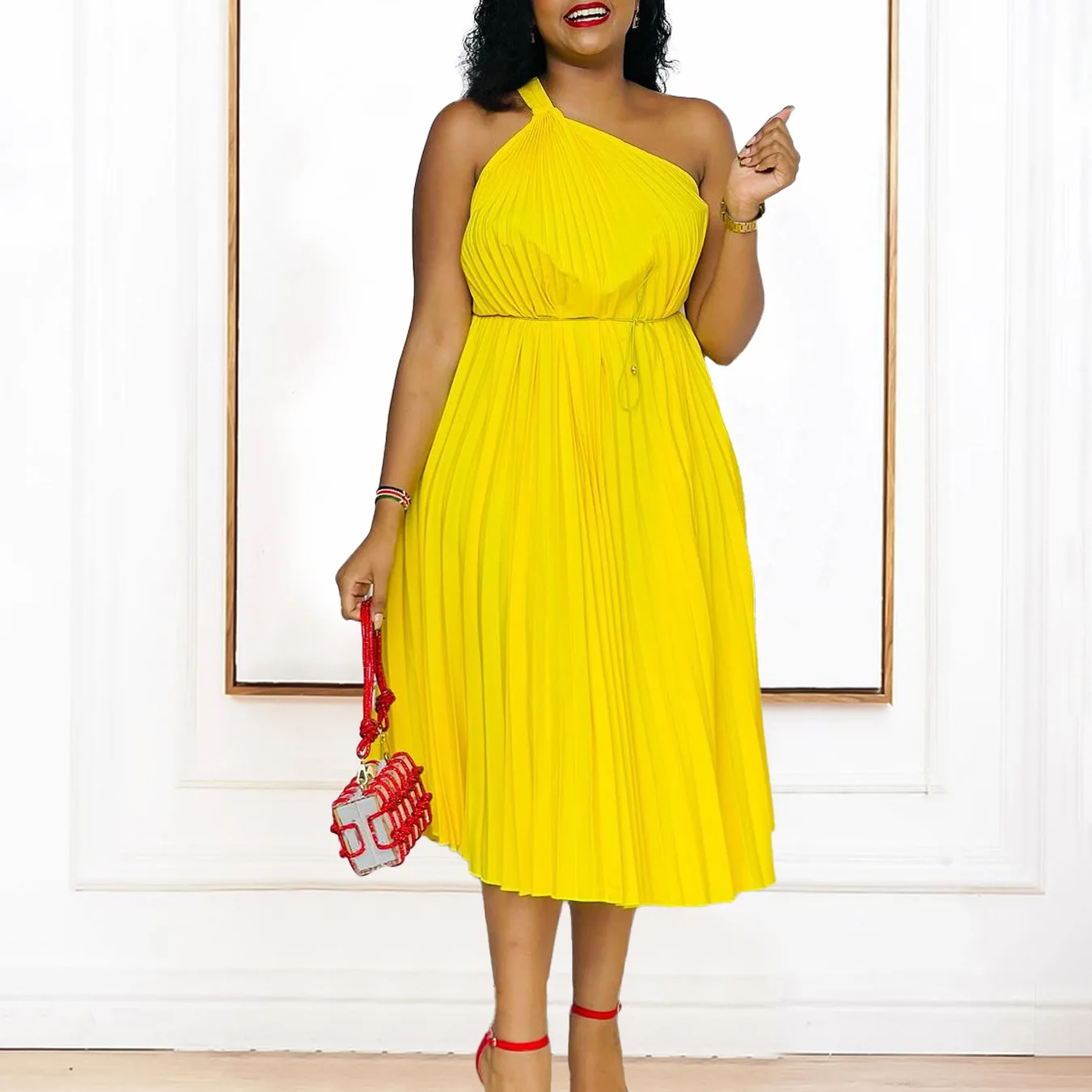 

Women's summer new solid color diagonal shoulder straps A-shaped skirt loose pleated dress temperament sexy high-end business cl