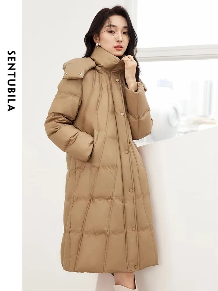 SENTUBILA Fashion Winter Down Jacket Women 2024 Hooded Mid-Length Stand Collar Down Coats Warm Belt Puffer Jackets  W44Y58470X