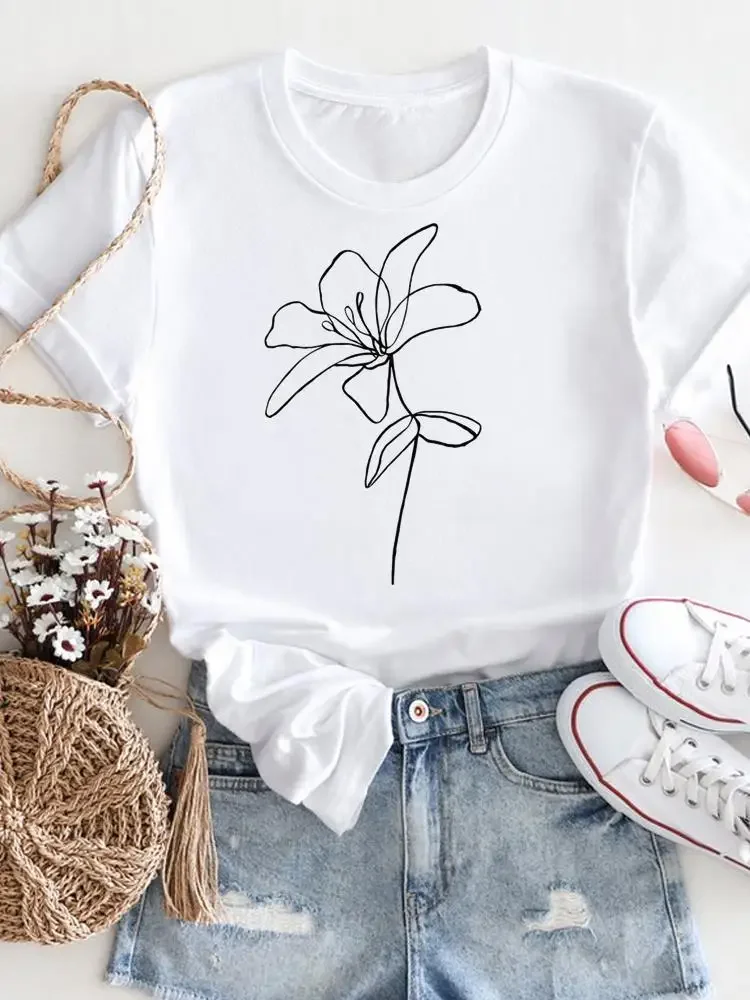 

Flower Lovely Trend 90s Clothing Print White T Shirt Short Sleeve Tee Women Ladies Casual Top Female Fashion Graphic T-Shirt