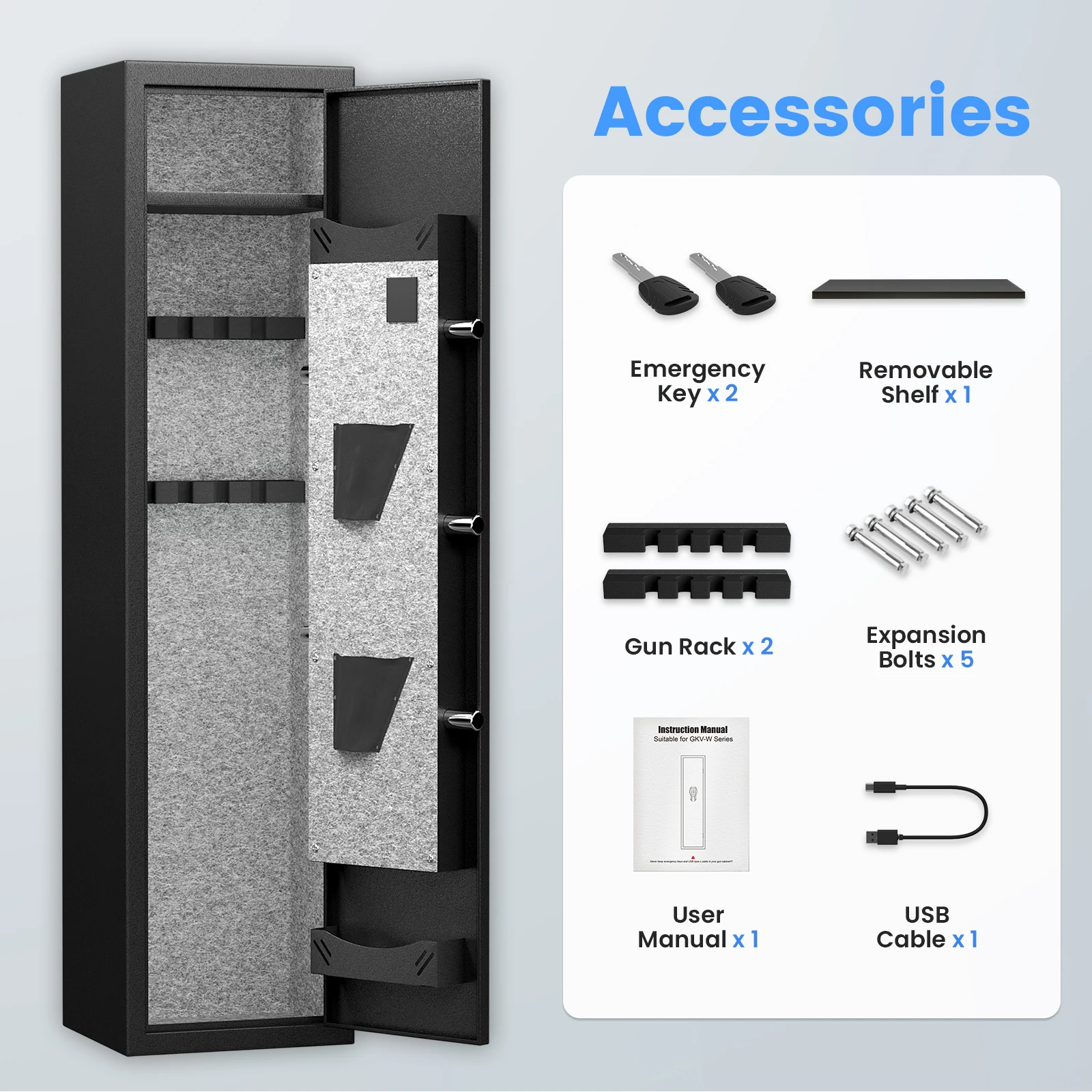 2-3 Kavey Fingerprint Gun Safes for Home Rifles and Pistols, Quick Access Rifle Safe with Removable Shelf and Dual Alarm