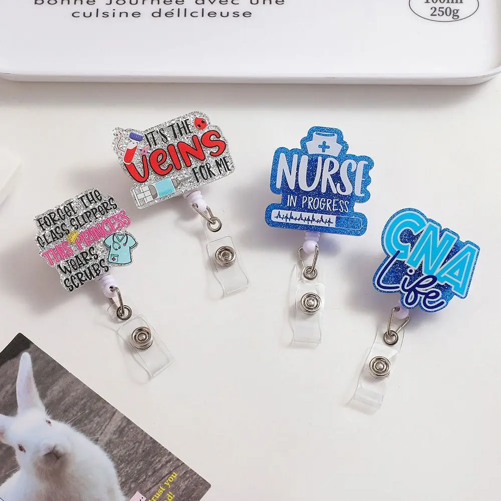 360 Rotating Retractable Badge Reel Alligator Clip Simplicity Easy To Pull Buckle Acrylic Glitter Nurse ID Holder