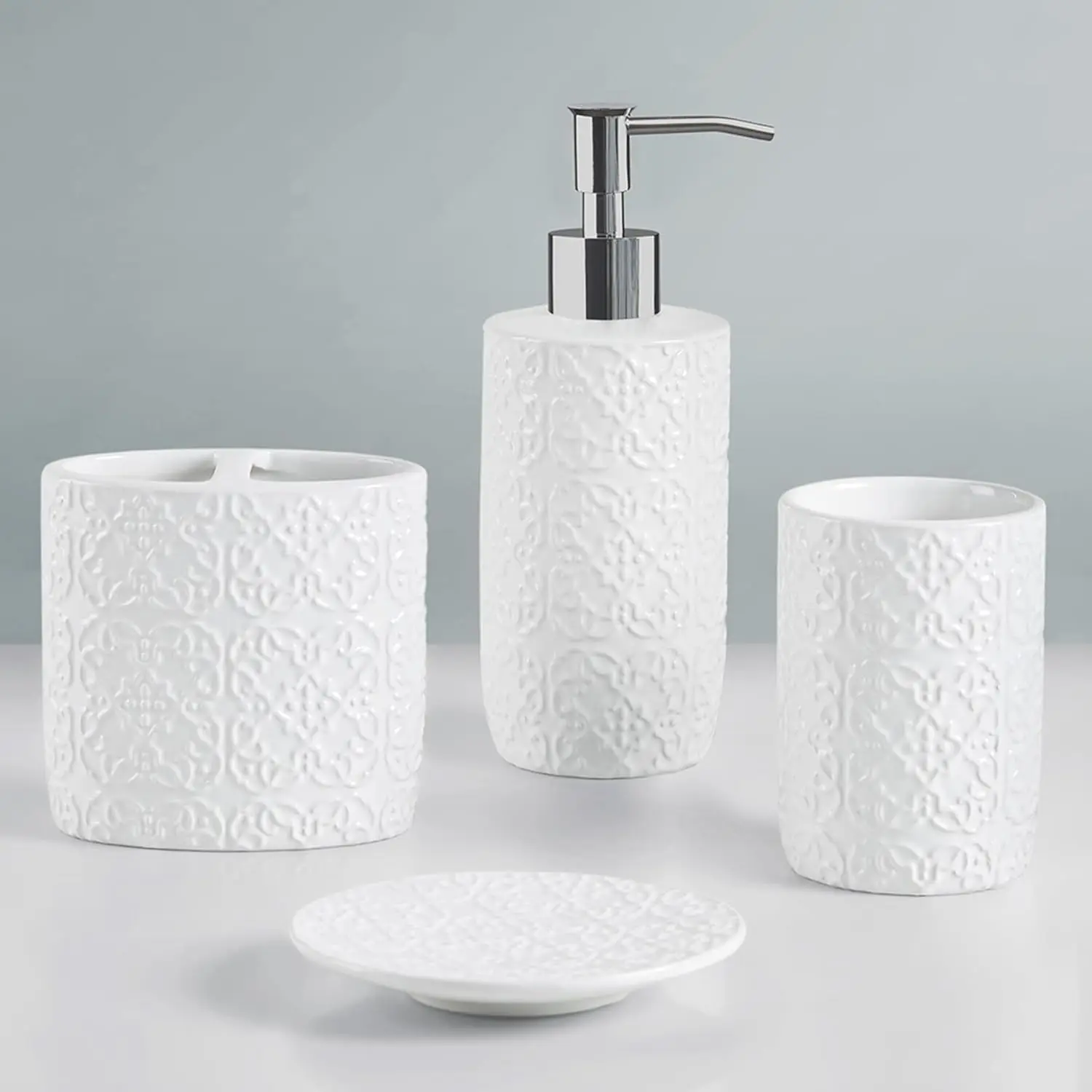 

Ceramic Bathroom Accessories Set, Vanity Decor Storage Organizer, Embossed Damask Medallion, Lotion/Soap Dispense