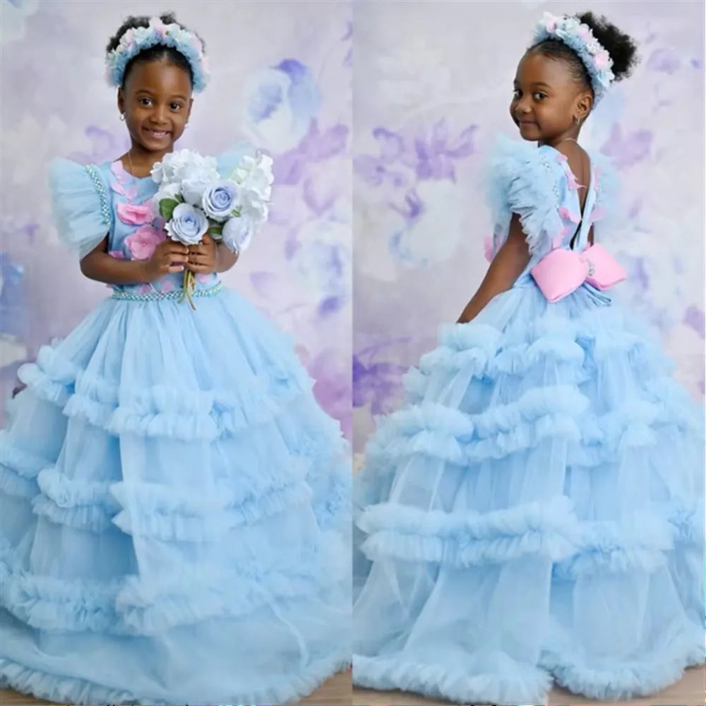 

Luxury Sky Blue Flower Girl Wedding Dress Customized Appliques Flower Bow Tiered Ruffles Child Princess Birthday Party Dress
