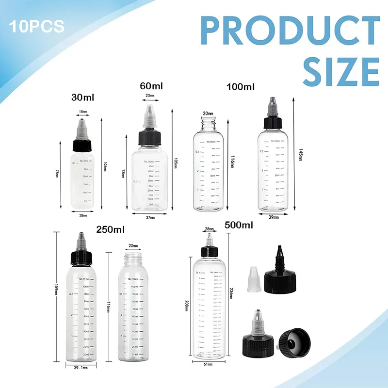 10pcs 30ml-500ml Empty Plastic Dispensing Bottles Twist Top Cap Round Bottle with Graduated Squeeze Container for Crafts Kitchen