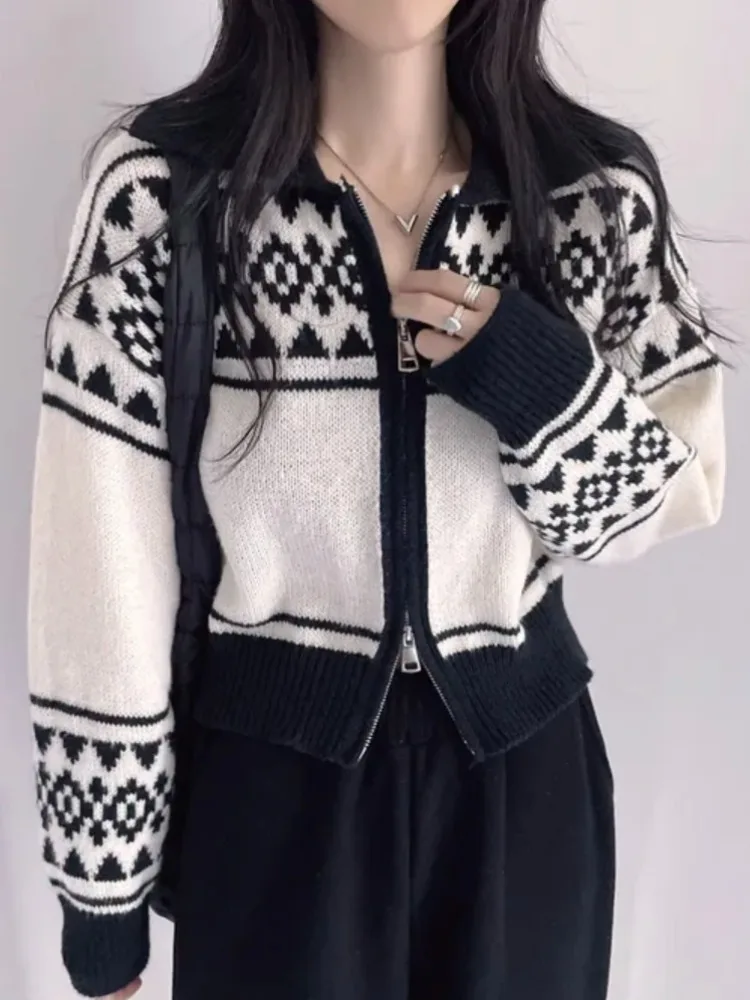 

Retro Anti-Aging Collared Color Blo Geometric Knit Sweater Jaet Women's Loose Zipper Open Cardigan Top for Autumn Winter