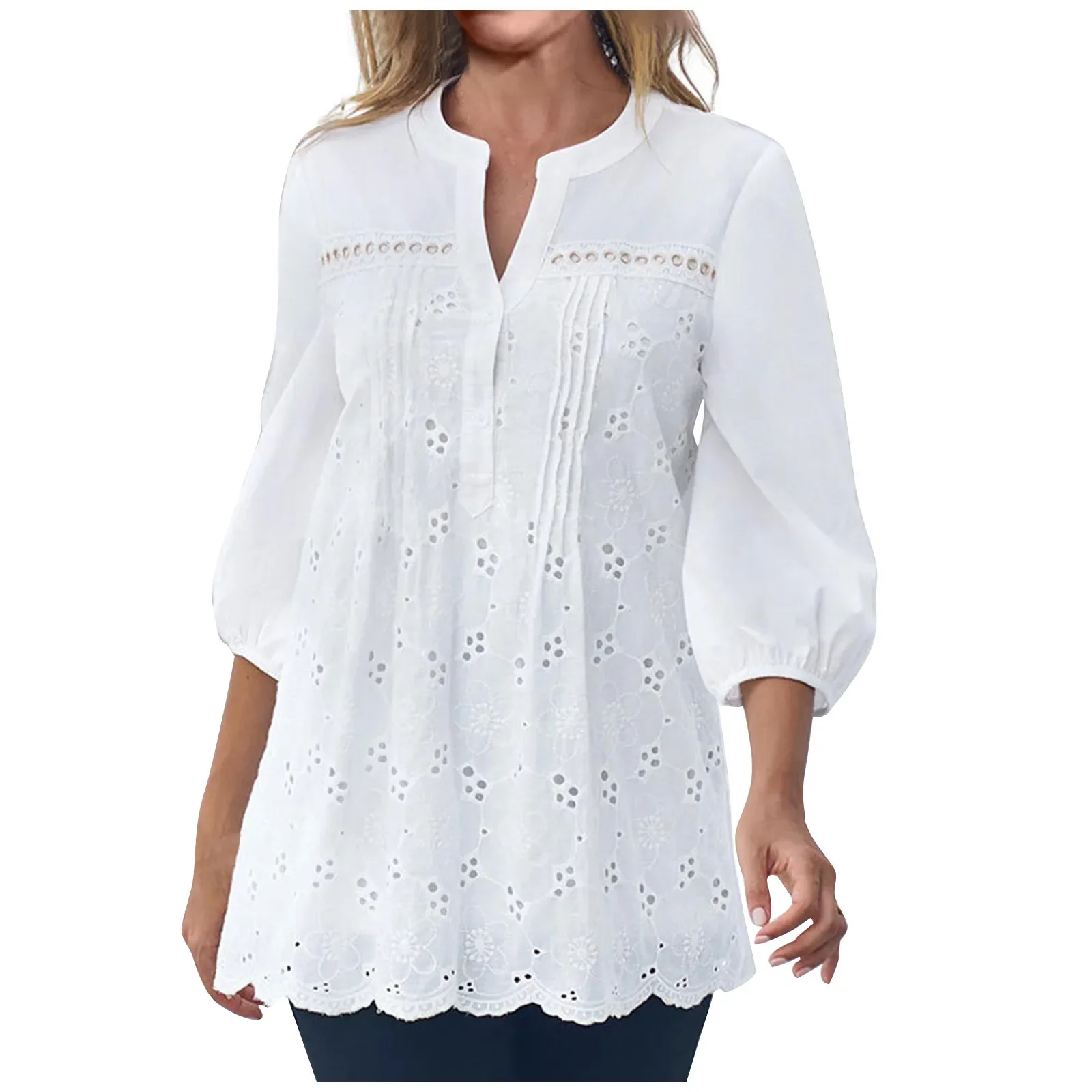 2024 Summer Women\'s Top White Shirts and Blouse Casual Loose Fit Solid Color V Neck Tops Ladies Chemises Et Blouses Para Mujer