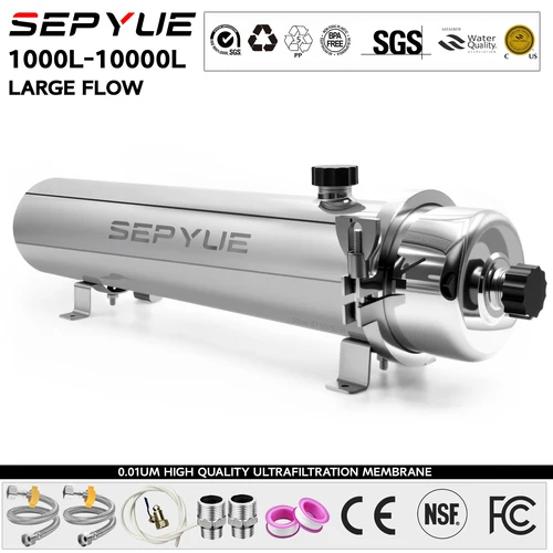 SEPYUE 집 전체 고유량 UF 시스템 정수기 1000L,0.01μm 재사용 가능한 PVDF 멤브레인이 있는 스테인레스 스틸 미네랄 필터