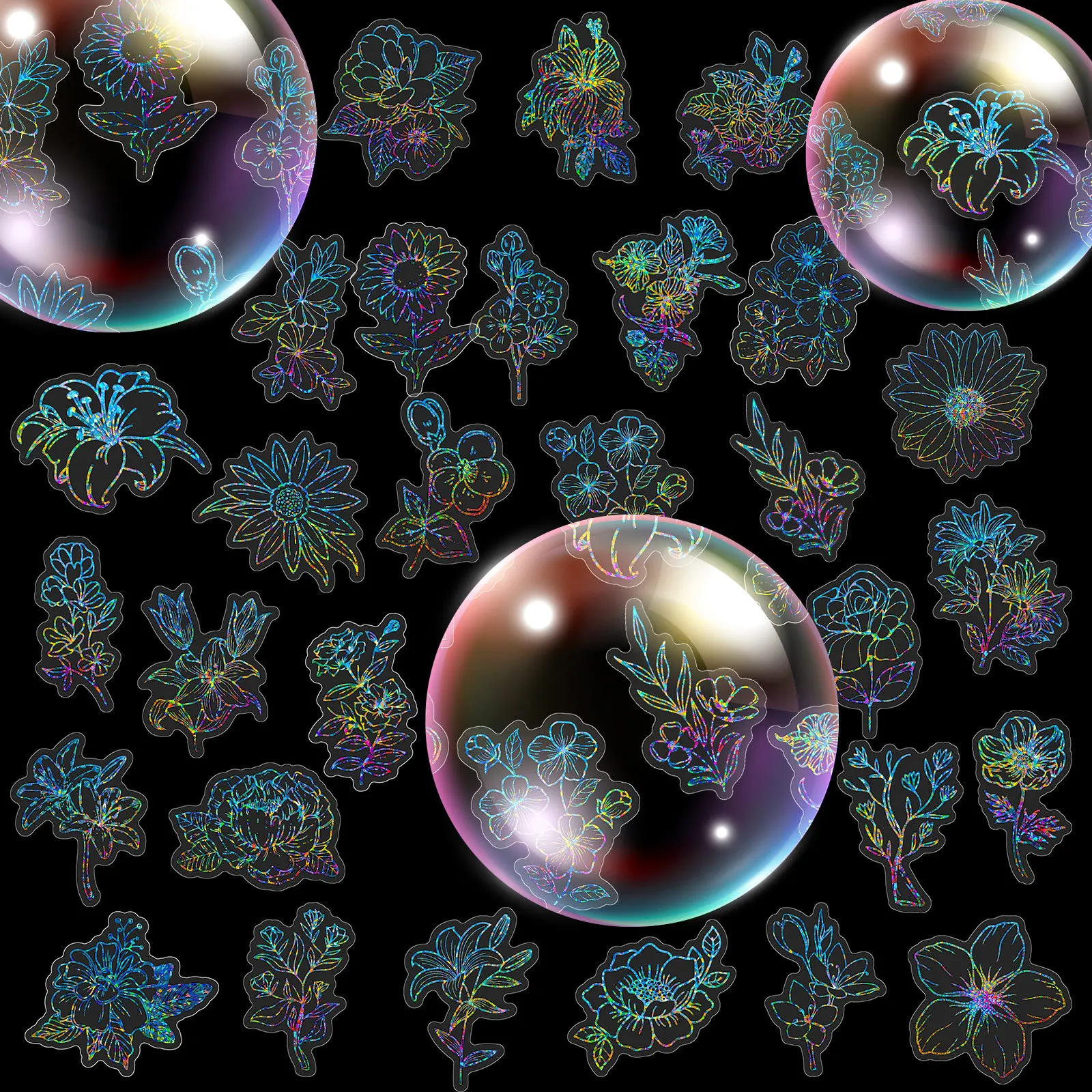 متنوعة 50/100 قطعة من ملصقات الليزر على شكل زهرة فضية يمكنك صنعها بنفسك لتزيين كوب الماء وملصقات الحيوانات الأليفة الشفافة