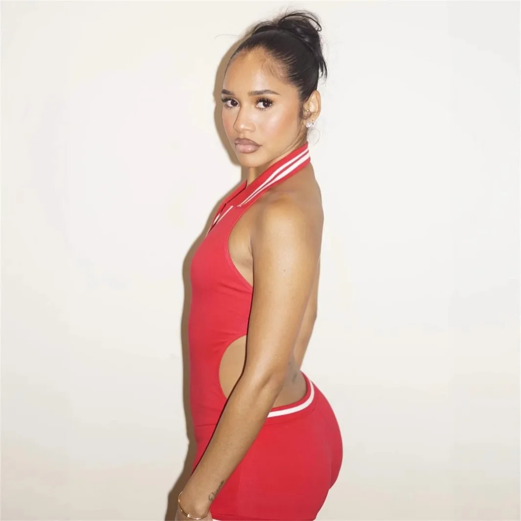 2025 Summer Fashion Sexy Hot Girl Sleeveless Solid Color Backless Halter Shorts Jumpsuits for Women