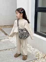 Children Autumn and Winter Knitting Set New Girl Baby Fashionable Knitted Sweater Top Long Pants Two Piece Set