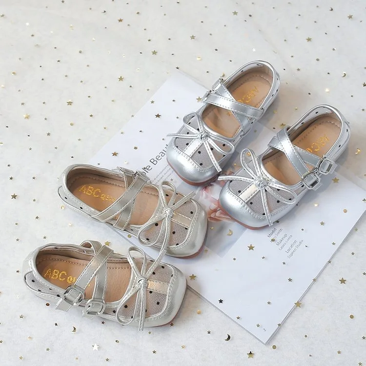 2026 Kids Girls Silver Hollow Mary Jane Shoes with Bow, Soft Non-slip Sole, Breathable Footwear for Summer & Casual Wear