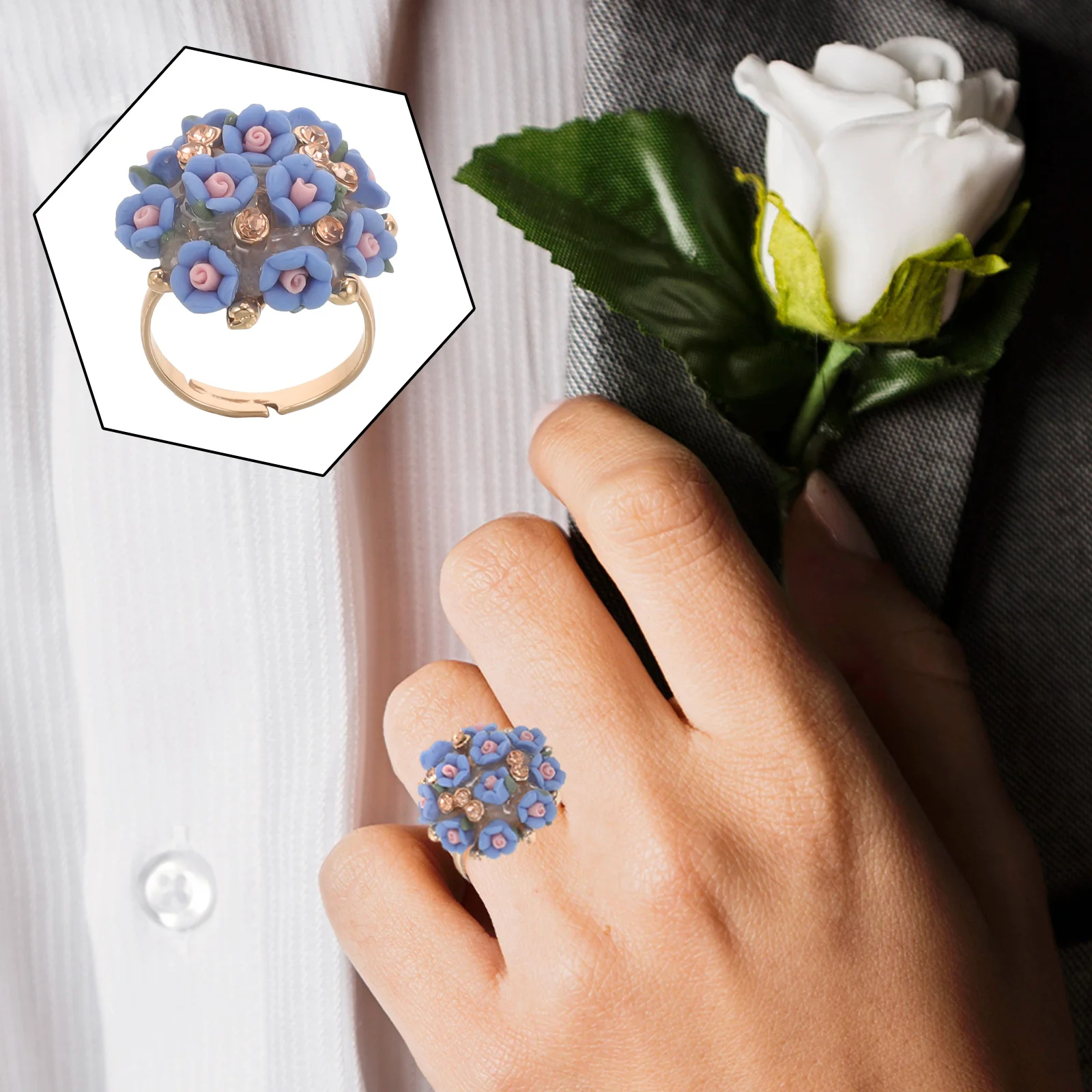 

Stylish Flower Ceramic Women Decorative Finger Jewelry Alloy Ceramic Delicate Retro Design Gift For Female Wife Girlfriend