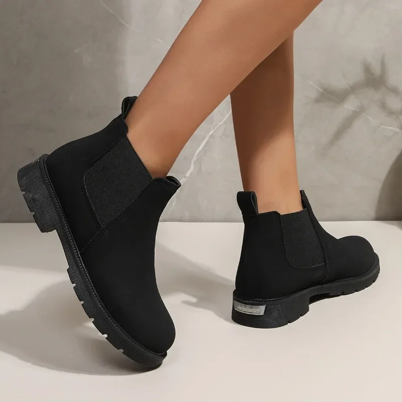 Women Botas Shoes Suede Ankle Boots Chelsea Black Boots Chunky Low Heel Female Autumn Fashion Platform Slip on Booties Mujer