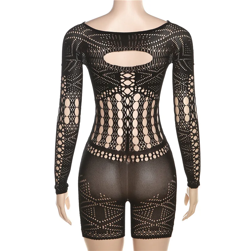 Hollow Out Lace Knitted Playsuits Women Sexy See Through Long Sleeve Hipster High Stretch Skinny Rompers Fashion Club Overalls