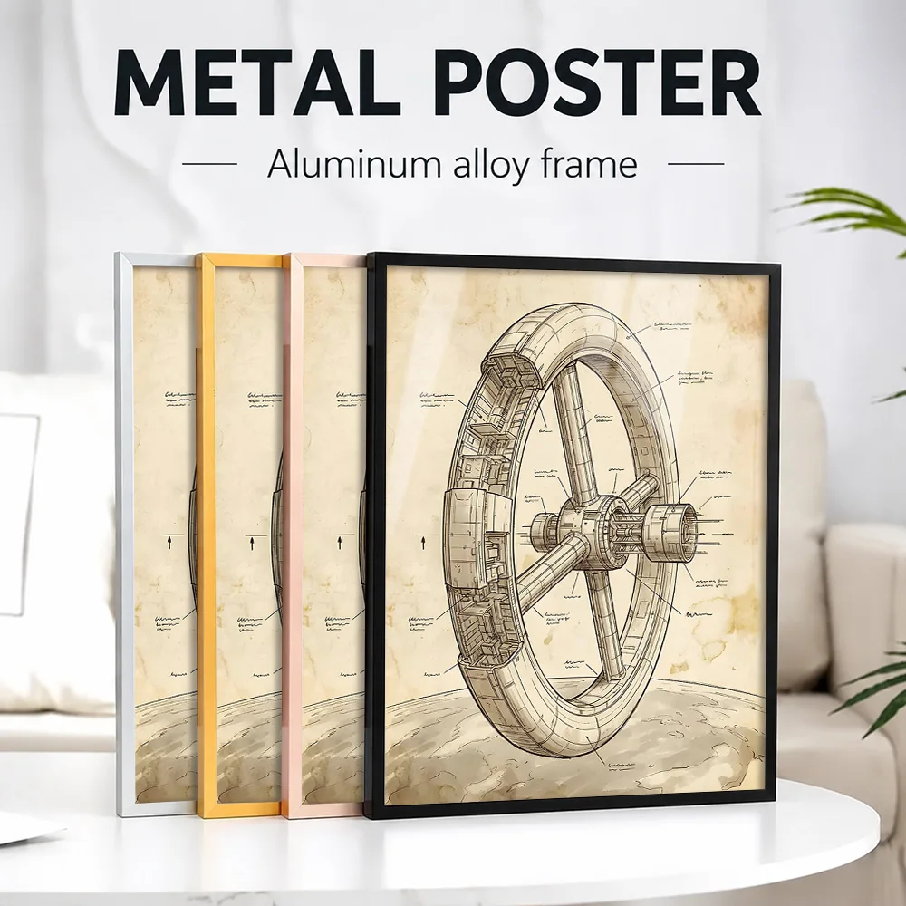 Space Station Blueprint On Aged Paper Framed Metal Print Customized Photo Astronomy Visual Style Wall Art For Office And Study