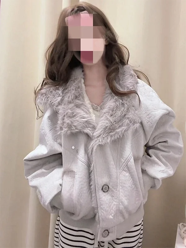 

Retro American Style Women's Short Thickened Cotton Jacket Winter Warm Fleece Lined Coat Couple's Jacket with Fur Collar