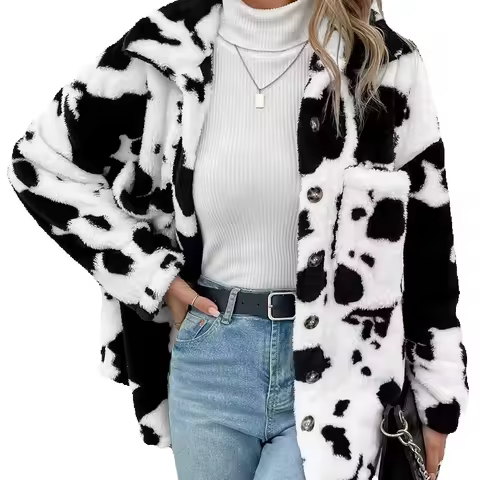 VigoCasey 2025 Female Autumn Print Jacket Women Single Breasted Thick Plush Warm Coat Winter Long Sleeve Loose Lady Soft Coat